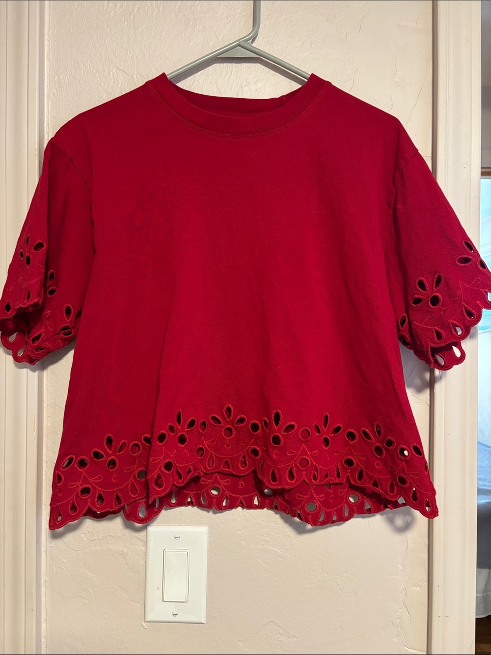Women’s Red Eyelet Hem Short Sleeve Top